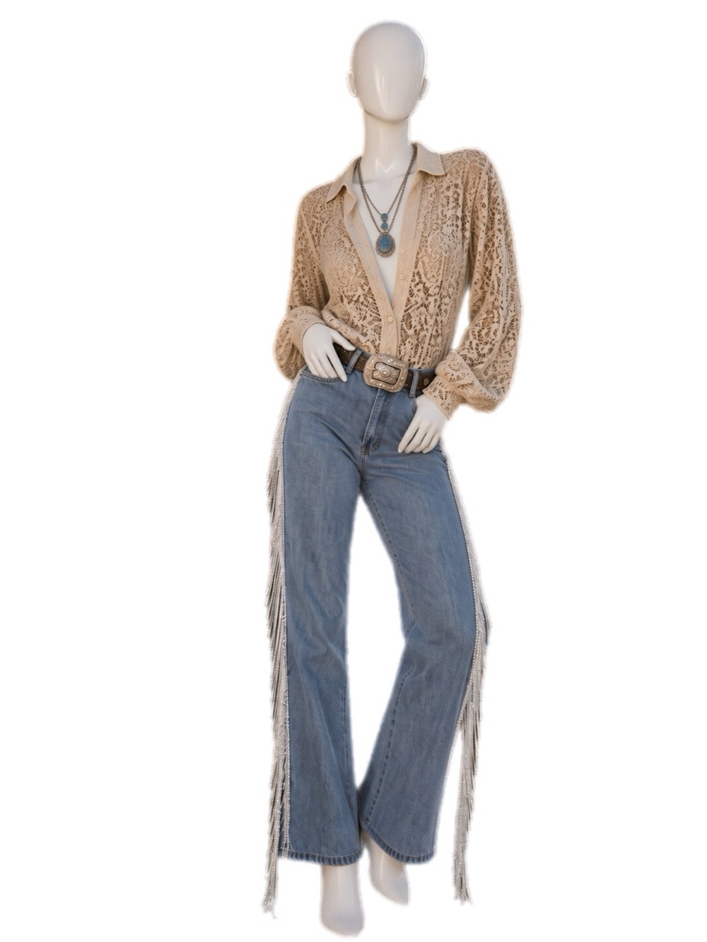 MAIN STRIP rhinestone fringe high waist jeans SM L